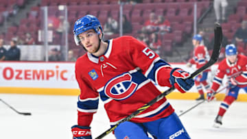 MONTREAL, CANADA - SEPTEMBER 26: Jan Mysak #53 of the Montreal Canadiens skates in warm-ups prior to the game against the New Jersey Devils at Centre Bell on September 26, 2022 in Montreal, Quebec, Canada. The New Jersey Devils defeated the Montreal Canadiens 2-1. (Photo by Minas Panagiotakis/Getty Images)
