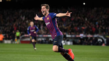 BARCELONA, SPAIN - JANUARY 30: Sergio Roberto of FC Barcelona celebrates after scoring his team's fourth goal during the Copa del Quarter Final match between FC Barcelona and Sevilla FC at Nou Camp on January 30, 2019 in Barcelona, Spain. (Photo by David Ramos/Getty Images)