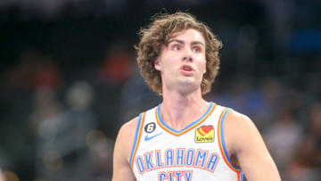 Josh Giddey #3 of the Oklahoma City Thunder during the first quarter against the Adelaide 36ers at Paycom Center on October 06, 2022 in Oklahoma City, Oklahoma. (Photo by Ian Maule/Getty Images)
