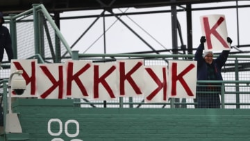 BOSTON, MA - APRIL 15: A Boston Red Sox fan holds up another K sign marking the number of strike outs the starting pitcher Chris Sale has thrown against the Baltimore Orioles during sixth inning action at Fenway Park in Boston on April 15, 2018. (Photo by Matthew J. Lee/The Boston Globe via Getty Images)