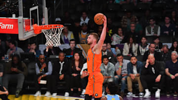 LOS ANGELES, CA - FEBRUARY 16: Domantas Sabonis #11 of the World Team goes up for the dunk against the USA Team during the Mountain Dew Kickstart Rising Stars Game during All-Star Friday Night as part of 2018 NBA All-Star Weekend at the STAPLES Center on February 16, 2018 in Los Angeles, California. NOTE TO USER: User expressly acknowledges and agrees that, by downloading and/or using this photograph, user is consenting to the terms and conditions of the Getty Images License Agreement. Mandatory Copyright Notice: Copyright 2018 NBAE (Photo by Jesse D. Garrabrant/NBAE via Getty Images)