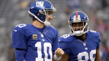 Nov 17, 2013; East Rutherford, NJ, USA; New York Giants quarterback Eli Manning (10) and New York Giants wide receiver Hakeem Nicks (88) before the game against the Green Bay Packers at MetLife Stadium. Mandatory Credit: Robert Deutsch-USA TODAY Sports