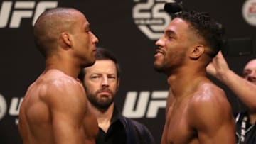 ATLANTIC CITY, NJ - APRIL 20: (L-R) Opponents Edson Barboza of Brazil and Kevin Lee face off during the UFC Fight Night weigh-in at the Boardwalk Hall on April 20, 2018 in Atlantic City, New Jersey. (Photo by Patrick Smith/Zuffa LLC/Zuffa LLC via Getty Images)