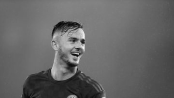 SOUTHAMPTON, ENGLAND - OCTOBER 25: (EDITORS NOTE - This image has been converted to black and white) James Maddison of Leicester City celebrates after the Premier League match between Southampton FC and Leicester City at St Mary's Stadium on October 25, 2019 in Southampton, United Kingdom. (Photo by Naomi Baker/Getty Images)