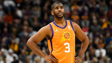 Chris Paul #3 of the Phoenix Suns looks on during the first half of a game against the Utah Jazz at Vivint Smart Home Arena on April 08, 2022 in Salt Lake City, Utah. NOTE TO USER: User expressly acknowledges and agrees that, by downloading and or using this photograph, User is consenting to the terms and conditions of the Getty Images License Agreement. (Photo by Alex Goodlett/Getty Images)