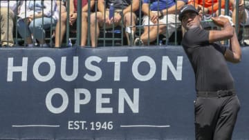 Mar 30, 2018; Humble, TX, USA; Tony Finau of the United States plays his shot from the first tee during second round of the Houston Open golf tournament at Golf Club of Houston - The Tournament Course. Mandatory Credit: John Glaser-USA TODAY Sports