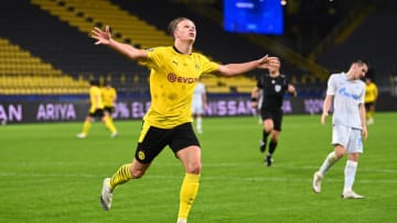 Erling Haaland of Borussia Dortmund celebrates his goal (Photo by Lukas Schulze/Getty Images)