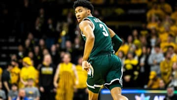 Michigan State guard Jaden Akins (3) reacts after making a basket during a NCAA Big Ten Conference men's basketball game against Iowa, Saturday, Feb. 25, 2023, at Carver-Hawkeye Arena in Iowa City, Iowa.230225 Mich St Iowa Mbb 033 Jpg