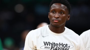 Victor Oladipo #4 of the Miami Heat warms up before Game Three of the 2022 NBA Playoffs Eastern Conference Finals against the Boston Celtics(Photo by Elsa/Getty Images)