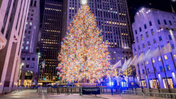 NEW YORK, NEW YORK - DECEMBER 22: A view of the Rockefeller Plaza annual Christmas tree on December 22, 2021 in New York City. (Photo by Roy Rochlin/Getty Images)