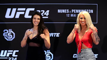 RIO DE JANEIRO, BRAZIL - MAY 10: UFC strawweight fighters Mackenzie Dern (L) of the United States and Amanda Cooper of the United States face off during Ultimate Media Day on May 10, 2018 in Rio de Janeiro, Brazil. (Photo by Buda Mendes/Zuffa LLC/Zuffa LLC via Getty Images)