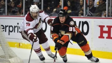 November 7, 2014; Anaheim, CA, USA; Anaheim Ducks left wing Matt Beleskey (39) moves in for a shot on goal against the defense of Arizona Coyotes right wing Shane Doan (19) during the second period at Honda Center. Mandatory Credit: Gary A. Vasquez-USA TODAY Sports