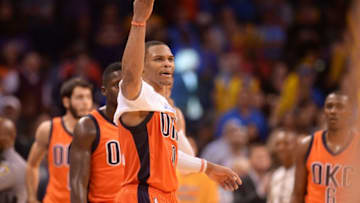 Oct 30, 2016; Oklahoma City, OK, USA; Oklahoma City Thunder guard Russell Westbrook (0) yells to the fans in a break in action against the Los Angeles Lakers during the fourth quarter at Chesapeake Energy Arena. Mandatory Credit: Mark D. Smith-USA TODAY Sports