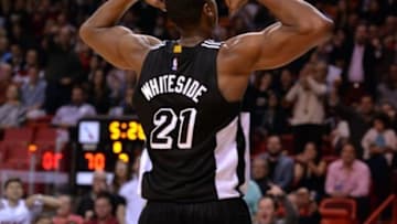 Jan 27, 2015; Miami, FL, USA; Miami Heat center Hassan Whiteside (21) reacts after being fouled during the second half against the Milwaukee Bucks at American Airlines Arena. The Bucks won 109-102. Mandatory Credit: Steve Mitchell-USA TODAY Sports