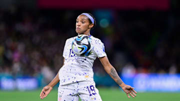 MELBOURNE, AUSTRALIA - AUGUST 6: Crystal Dunn #19 of USA trapping the ball during a game between Sweden and USWNT at Melbourne Rectangular Stadium on August 6, 2023 in Melbourne, Australia. (Photo by Richard Callis/ISI Photos/Getty Images)