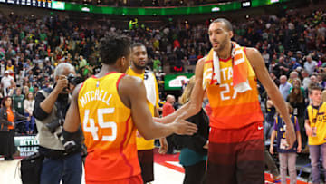SALT LAKE CITY, UT - MARCH 17: Donovan Mitchell #45 and Rudy Gobert #27 of the Utah Jazz shake hands after the game against the Sacramento Kings on March 17, 2018 at vivint.SmartHome Arena in Salt Lake City, Utah. Copyright 2018 NBAE (Photo by Melissa Majchrzak/NBAE via Getty Images)