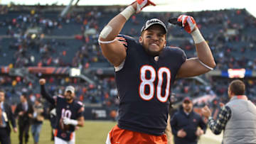 CHICAGO, IL - DECEMBER 16: Trey Burton #80 of the Chicago Bears celebrates after defeating the Green Bay Packers 24-17 at Soldier Field on December 16, 2018 in Chicago, Illinois. (Photo by Stacy Revere/Getty Images)