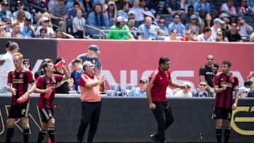 BRONX, NY - JUNE 09: Head Coach Gerardo "u201cTata"u201d Martino gives instructions to his team during the match between New York City FC and Atlanta United FC at Yankee Stadium on June 09, 2018 in the Bronx borough of New York. The match ended in a tie score of 1 to 1. (Photo by Ira L. Black/Corbis via Getty Images)