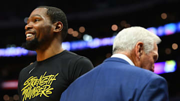 LOS ANGELES, CA - APRIL 18: Golden State Warriors Forward Kevin Durant (35) talks with talks with Executive board member of the Los Angeles Clippers Jerry West before game three of the first round of the 2019 NBA Playoffs between the Golden State Warriors and the Los Angeles Clippers on April 18, 2019 at Staples Center in Las Angeles, CA.(Photo by Brian Rothmuller/Icon Sportswire via Getty Images)