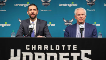 CHARLOTTE, NC- MAY 11: Charlotte Hornets General Manager, Mitch Kupchak introduces James Borrego as Head Coach of the Charlotte Hornets during a press conference in Charlotte, North Carolina on May 11, 2018 at the Spectrum Center. NOTE TO USER: User expressly acknowledges and agrees that, by downloading and or using this photograph, User is consenting to the terms and conditions of the Getty Images License Agreement. Mandatory Copyright Notice: Copyright 2018 NBAE (Photo by Kent Smith/NBAE via Getty Images)