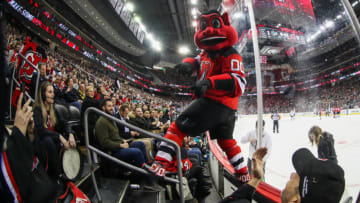 Feb 20, 2020; Newark, New Jersey, USA; NJ Devil leads the fans in a cheer during the first period of the game between the New Jersey Devils and the San Jose Sharks at Prudential Center. Mandatory Credit: Ed Mulholland-USA TODAY Sports