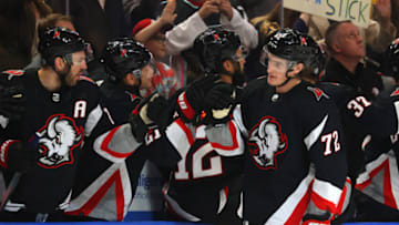 Apr 13, 2023; Buffalo, New York, USA; Buffalo Sabres center Tage Thompson (72) celebrates his goal with teammates during the third period against the Ottawa Senators at KeyBank Center. Mandatory Credit: Timothy T. Ludwig-USA TODAY Sports