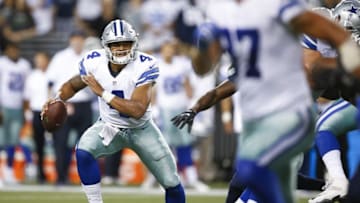 Aug 25, 2016; Seattle, WA, USA; Dallas Cowboys quarterback Dak Prescott (4) scrambles away from pressure against the Seattle Seahawks during the second quarter at CenturyLink Field. Mandatory Credit: Joe Nicholson-USA TODAY Sports