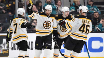 SAN JOSE, CA - FEBRUARY 18: The Boston Bruins celebrate after scoring against the San Jose Sharks at SAP Center on February 18, 2019 in San Jose, California (Photo by Brandon Magnus/NHLI via Getty Images)