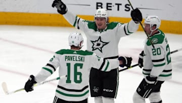 Feb 20, 2022; Glendale, Arizona, USA; Dallas Stars center Roope Hintz (24) celebrates a goal against the Arizona Coyotes during the second period at Gila River Arena. Mandatory Credit: Joe Camporeale-USA TODAY Sports