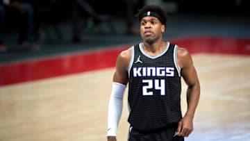 DETROIT, MICHIGAN - FEBRUARY 26: Buddy Hield #24 of the Sacramento Kings looks on against the Detroit Pistons during the first quarter at Little Caesars Arena on February 26, 2021 in Detroit, Michigan. NOTE TO USER: User expressly acknowledges and agrees that, by downloading and or using this photograph, User is consenting to the terms and conditions of the Getty Images License Agreement. (Photo by Nic Antaya/Getty Images)