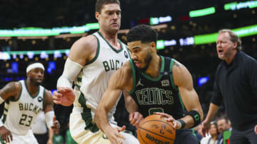 BOSTON, MA - MAY 01 Jayson Tatum #0 of the Boston Celtics drives to the basket past Brook Lopez #11 of the Milwaukee Bucks during Game One of the Eastern Conference Semifinals at TD Garden on May 1, 2022 in Boston, Massachusetts. NOTE TO USER: User expressly acknowledges and agrees that, by downloading and or using this photograph, User is consenting to the terms and conditions of the Getty Images License Agreement. (Photo by Adam Glanzman/Getty Images)
