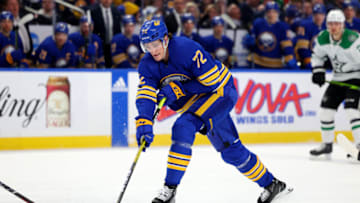 Mar 9, 2023; Buffalo, New York, USA; Buffalo Sabres center Tage Thompson (72) makes a pass during the second period against the Dallas Stars at KeyBank Center. Mandatory Credit: Timothy T. Ludwig-USA TODAY Sports