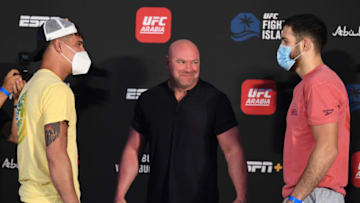 ABU DHABI, UNITED ARAB EMIRATES - OCTOBER 02: In this handout image provided by UFC, (L-R) Opponents Jordan Williams and Nassourdine Imavov of Russia face off during the UFC Fight Night weigh-in on October 02, 2020 in Abu Dhabi, United Arab Emirates. (Photo by Josh Hedges/Zuffa LLC via Getty Images)