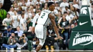 Michigan State's Tyson Walker celebrates a basket against Villanova during the second half on Friday, Nov. 18, 2022, at the Breslin Center in East Lansing.221118 Msu Villianova 144a