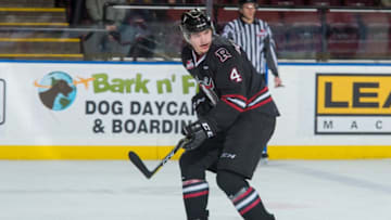 KELOWNA, BC - FEBRUARY 14: Alexander Alexeyev #4 of the Red Deer Rebels skates against the Kelowna Rockets at Prospera Place on February 14, 2018 in Kelowna, Canada. (Photo by Marissa Baecker/Getty Images)