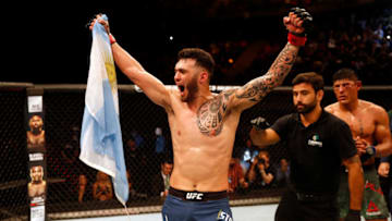 BUENOS AIRES, ARGENTINA - NOVEMBER 17: Laureano Staropoli of Argentina celebrates after defeating Hector Aldana of Mexico in their welterweight bout during the UFC Fight Night event inside Arena Parque Roca on November 17, 2018 in Buenos Aires, Argentina. (Photo by Alexandre Schneider/Zuffa LLC/Zuffa LLC via Getty Images)