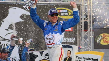 Aug 21, 2016; Bristol, TN, USA; NASCAR Sprint Cup Series driver Kevin Harvick (4) after winning the rain delayed Bass Pro Shops NRA Night Race at Bristol Motor Speedway. Mandatory Credit: Randy Sartin-USA TODAY Sports