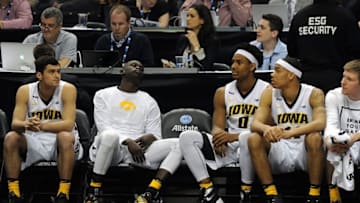 Mar 10, 2016; Indianapolis, IN, USA; The Iowa Hawkeye bench reacts during the closing seconds of their game against Illinois Fighting Illini during the Big Ten Conference tournament at Bankers Life Fieldhouse. Mandatory Credit: Thomas Joseph-USA TODAY Sports