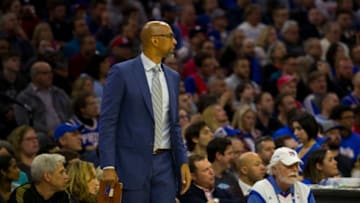 PHILADELPHIA, PA - APRIL 15: Assistant coach Monty Williams of the Philadelphia 76ers looks on against the Brooklyn Nets in Game Two of Round One of the 2019 NBA Playoffs at the Wells Fargo Center on April 15, 2019 in Philadelphia, Pennsylvania. NOTE TO USER: User expressly acknowledges and agrees that, by downloading and or using this photograph, User is consenting to the terms and conditions of the Getty Images License Agreement. (Photo by Mitchell Leff/Getty Images)