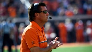 Sep 3, 2016; Stillwater, OK, USA; Oklahoma State Cowboys head coach Mike Gundy reacts during the second half against the Southeastern Louisiana Lions at Boone Pickens Stadium. Oklahoma State won 61-7. Mandatory Credit: Rob Ferguson-USA TODAY Sports