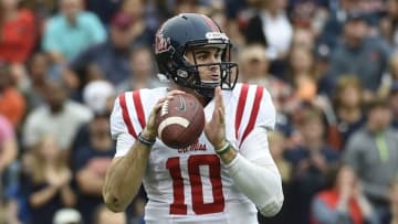 Oct 31, 2015; Auburn, AL, USA; Mississippi Rebels quarterback Chad Kelly (10) looks to pass during the first quarter against the Auburn Tigers at Jordan Hare Stadium. Mandatory Credit: Shanna Lockwood-USA TODAY Sports