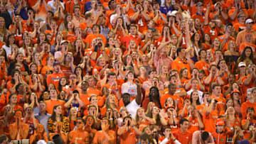CLEMSON, SC - OCTOBER 01: Clemson Tigers fans cheer on their team against the Louisville Cardinals during the first quarter at Memorial Stadium on October 1, 2016 in Clemson, South Carolina. (Photo by Grant Halverson/Getty Images)