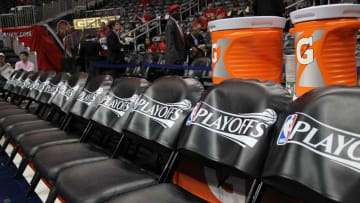 Detailed view chairs with a playoff logo before a game between the Atlanta Hawks and Washington Wizards in game one of the second round of the NBA Playoffs. at Philips Arena. Mandatory Credit: Brett Davis-USA TODAY Sports