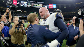 NEW ORLEANS, LOUISIANA - JANUARY 20: Head coach Sean McVay of the Los Angeles Rams celebrates with Andrew Whitworth #77 after defeating the New Orleans Saints in the NFC Championship game at the Mercedes-Benz Superdome on January 20, 2019 in New Orleans, Louisiana. The Los Angeles Rams defeated the New Orleans Saints with a score of 26 to 23. (Photo by Jonathan Bachman/Getty Images)