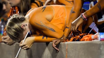 Sep 17, 2016; Auburn, AL, USA; Auburn Tigers fan Jessie Rice reacts during the second half against the Texas A&M Aggies at Jordan Hare Stadium. Texas A&M defeated Aubrn 29-16. Mandatory Credit: Shanna Lockwood-USA TODAY Sports
