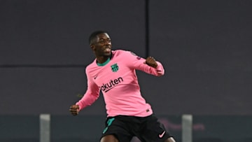 TURIN, ITALY - OCTOBER 28: Ousmane Dembele of FC Barcelona celebrates goal during the UEFA Champions League Group G stage match between Juventus and FC Barcelona at Juventus Stadium on October 28, 2020 in Turin, Italy. (Photo by Chris Ricco/Getty Images)
