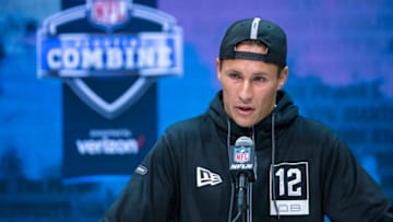INDIANAPOLIS, IN - FEBRUARY 25: Cole McDonald #QB12 of the Hawaii Rainbow Warriors speaks to the media at the Indiana Convention Center on February 25, 2020 in Indianapolis, Indiana. (Photo by Michael Hickey/Getty Images) *** Local Capture *** Cole McDonald