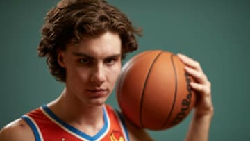 Josh Giddey #3 of the Oklahoma City Thunder poses for a photo during the 2021 NBA Rookie Photo Shoot on August 15, 2021 in Las Vegas, Nevada. (Photo by Joe Scarnici/Getty Images)