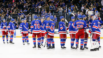 NEW YORK, NY - MARCH 29: The New York Rangers celebrate their victory in the National Hockey League game between the St. Louis Blues and the New York Rangers on March 29, 2019 at Madison Square Garden in New York, NY. (Photo by Joshua Sarner/Icon Sportswire via Getty Images)