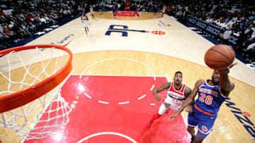 WASHINGTON, DC - NOVEMBER 4: Mitchell Robinson #26 of the New York Knicks shoots the ball against the Washington Wizards on November 4, 2018 at Capital One Arena in Washington, DC. NOTE TO USER: User expressly acknowledges and agrees that, by downloading and/or using this photograph, user is consenting to the terms and conditions of the Getty Images License Agreement. Mandatory Copyright Notice: Copyright 2018 NBAE (Photo by Ned Dishman/NBAE via Getty Images)